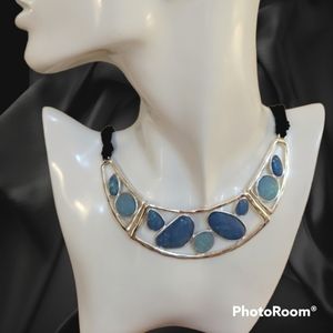 Iridescent Frosted Ice Blue Cabochon Bib Necklace